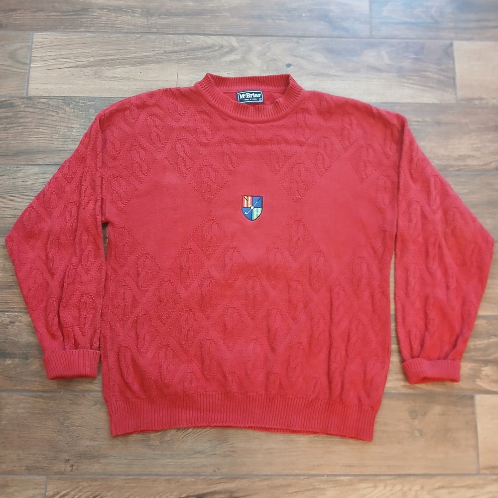 Vintage Golf Sweater Mens Large Red McBriar Red Crest Embroidered‎ USA Made